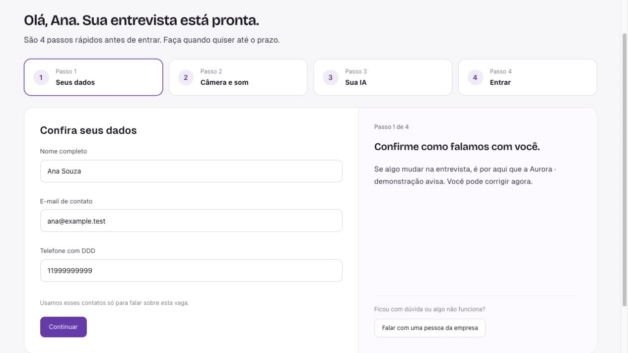 Tela do candidato antes da entrevista com a IARA