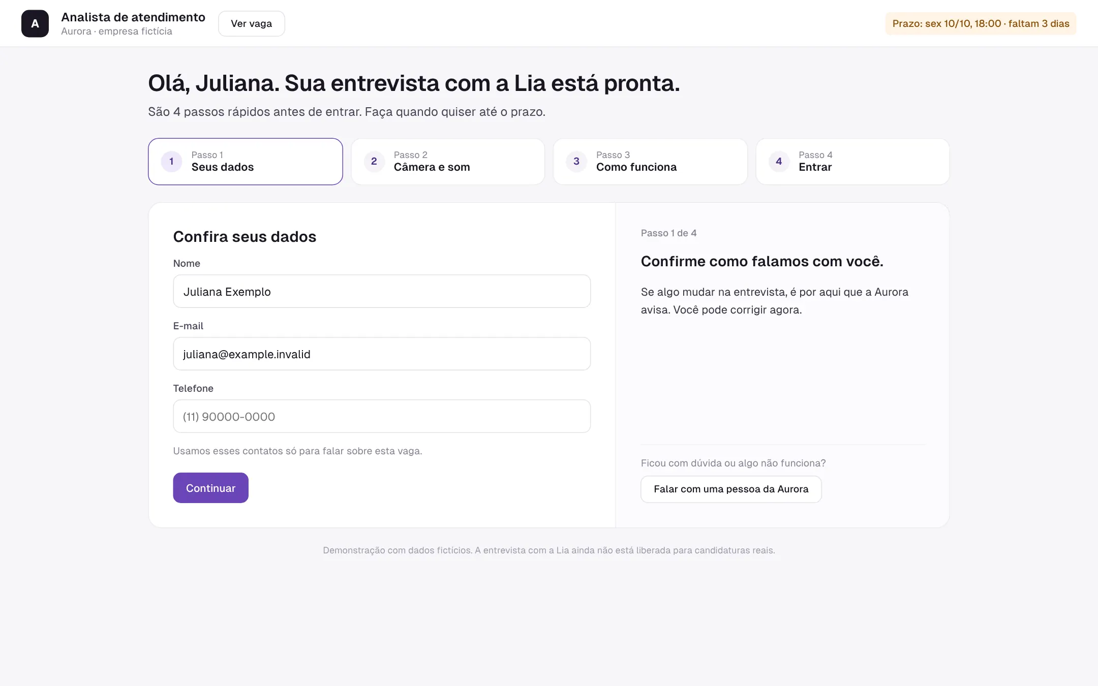 Tela do candidato antes da entrevista com a Lia
