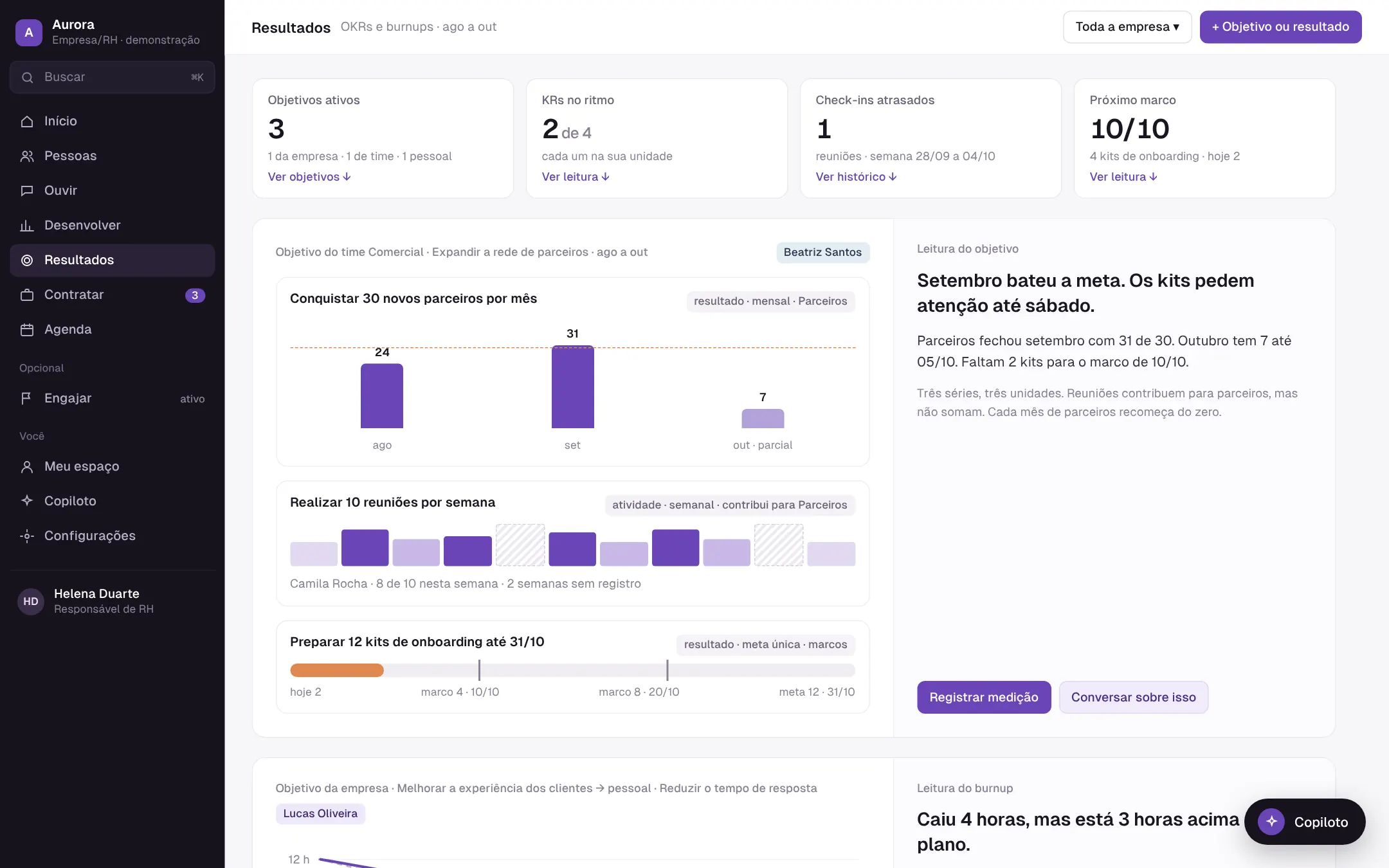Tela de resultados com objetivos e metas